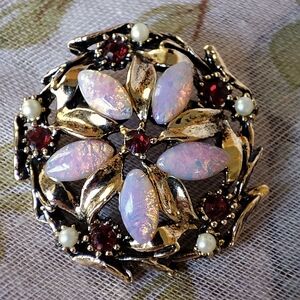 Pink Fire Opal? Seed Pearls Faux Garnet stone Gold Rhodium Plate Vintage Brooch